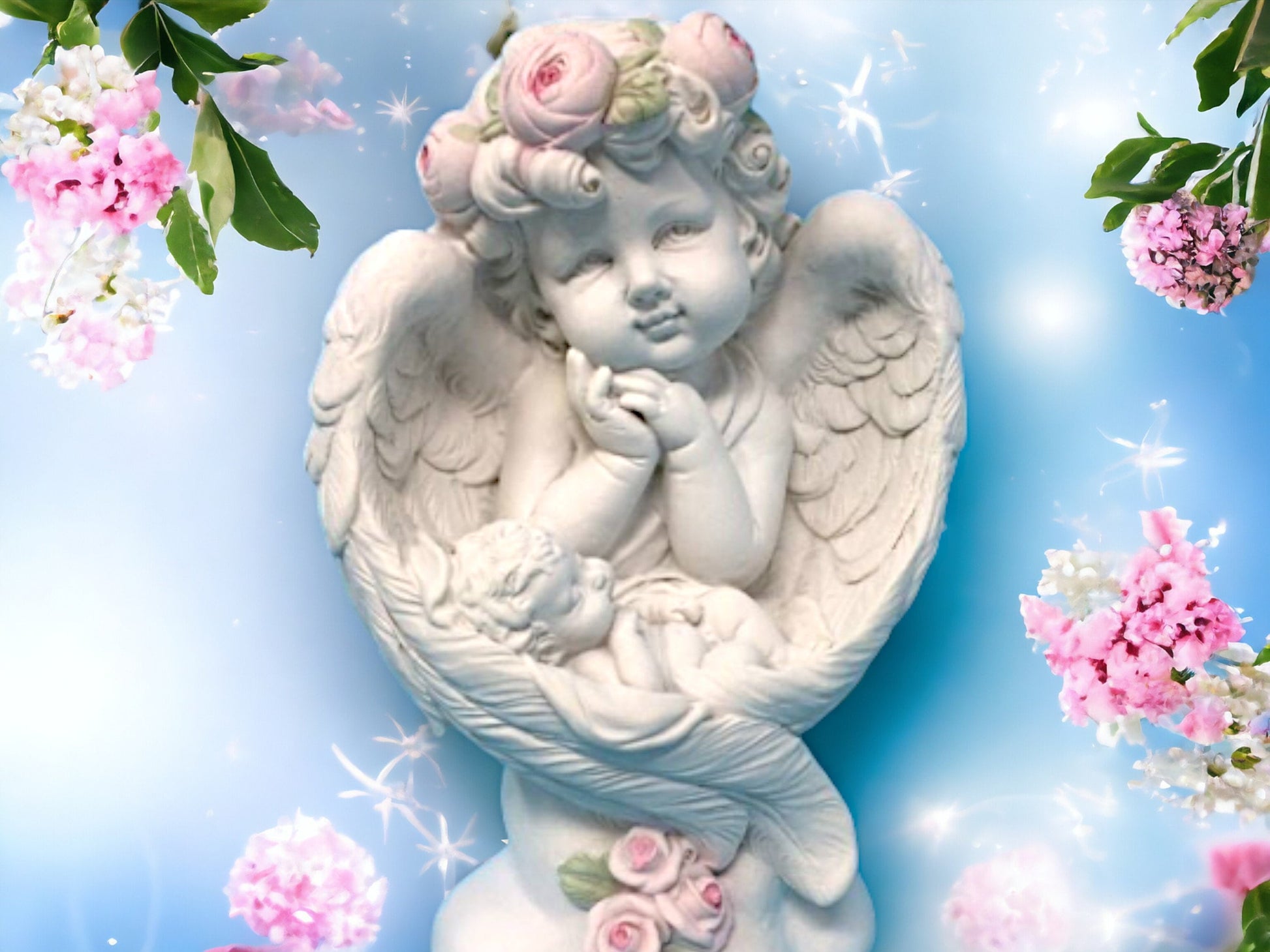 Cherubic Angel Figurine with Roses, Serene Cherub Statue, Angelic Home Decor, Graceful Child Ornament, Inspirational Peaceful Tabletop Art-Osiris Craftworks