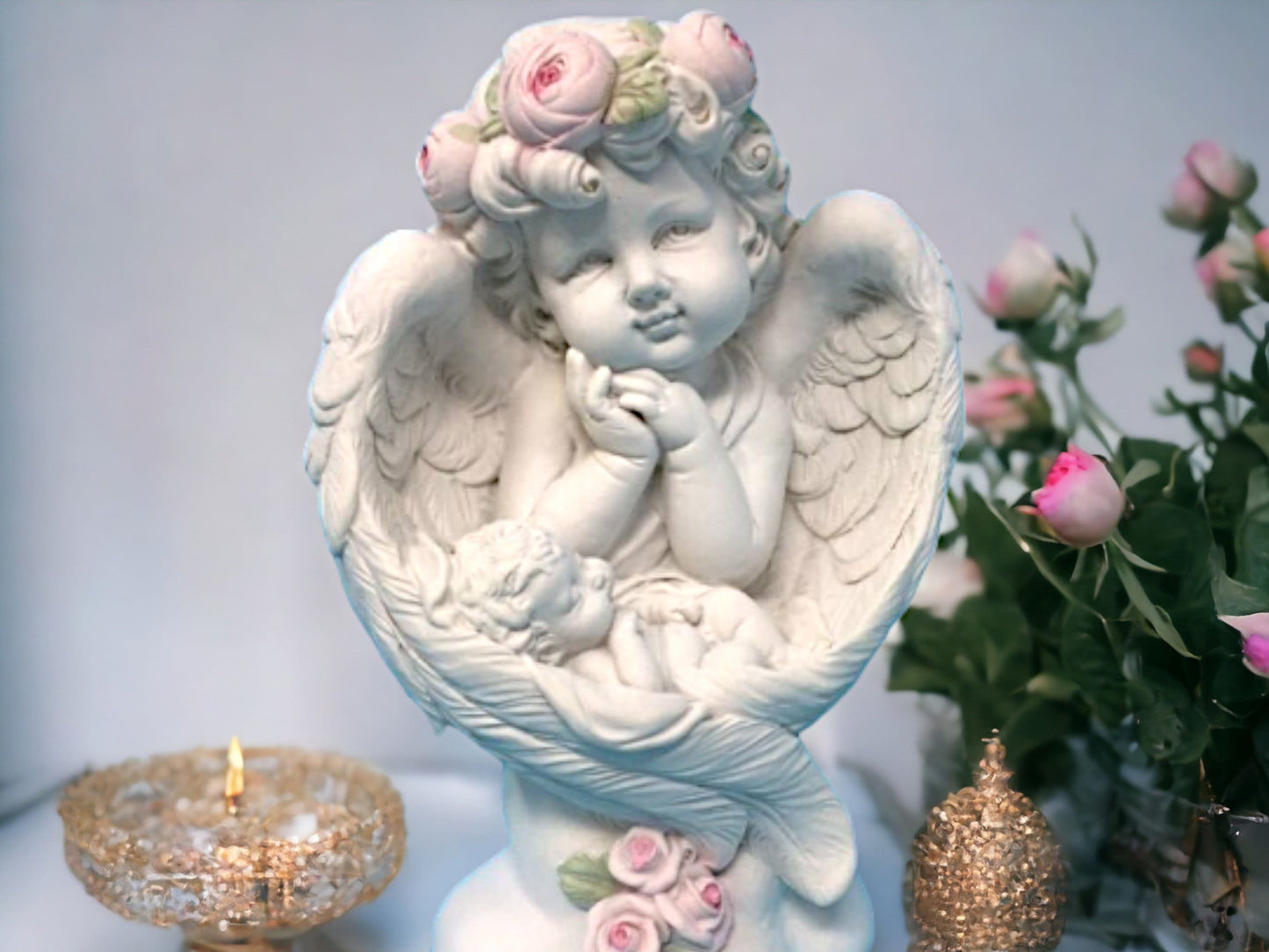 Cherubic Angel Figurine with Roses, Serene Cherub Statue, Angelic Home Decor, Graceful Child Ornament, Inspirational Peaceful Tabletop Art-Osiris Craftworks