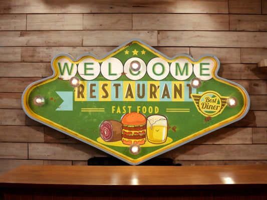 Classic Diner LED Welcome Sign - Retro Restaurant Wall Art with Vintage Fast Food Illustrations, Kitchen Dinner Home Decor-Osiris Craftworks