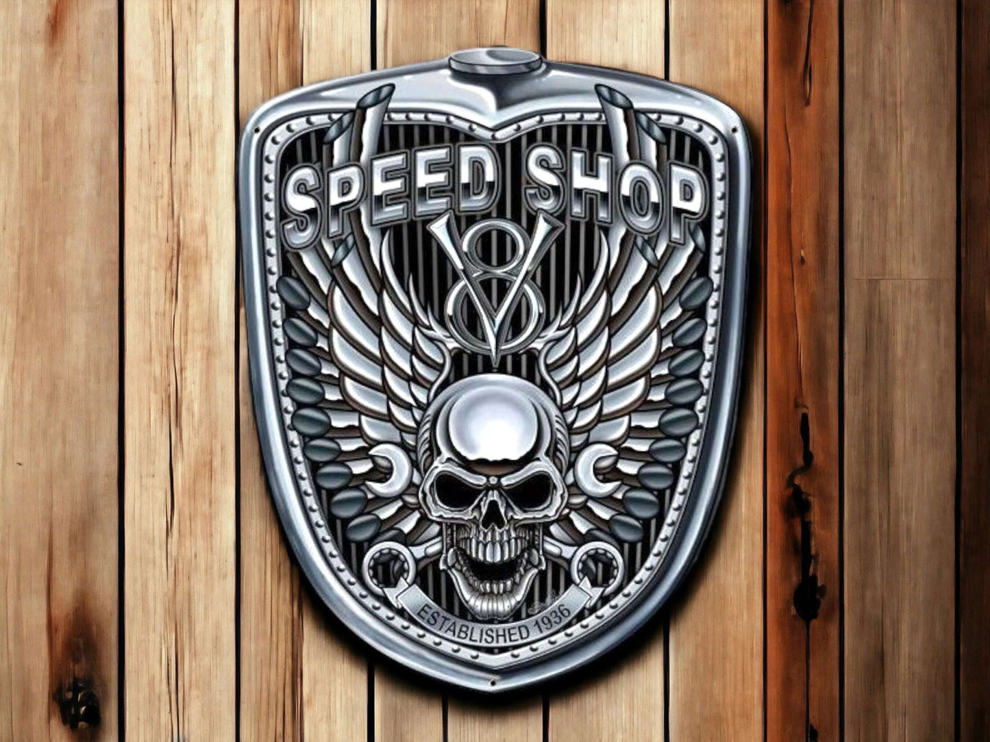 Biker's Emblem Metal Wall Sign - Speed Shop Skull & Wings, Motorcycle Garage Decor Plaque-Osiris Craftworks