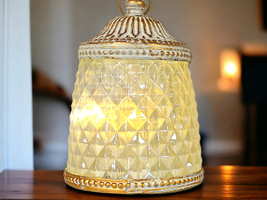 Moroccan LED Lantern, Vintage Metal and Glass Decorative Light, Battery-Powered Tabletop Lamp, Exotic Home Accent, Ornate Illumination Piece