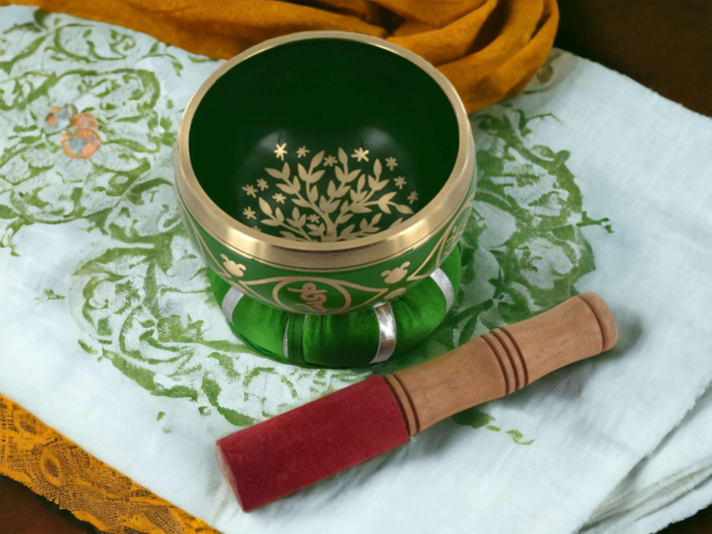 Tree of Life Tibetan Singing Bowl, Metal Meditation Bowl, Mindfulness Healing Sound Instrument, Spiritual Home Decor, Green Singing Bowl Set-Osiris Craftworks