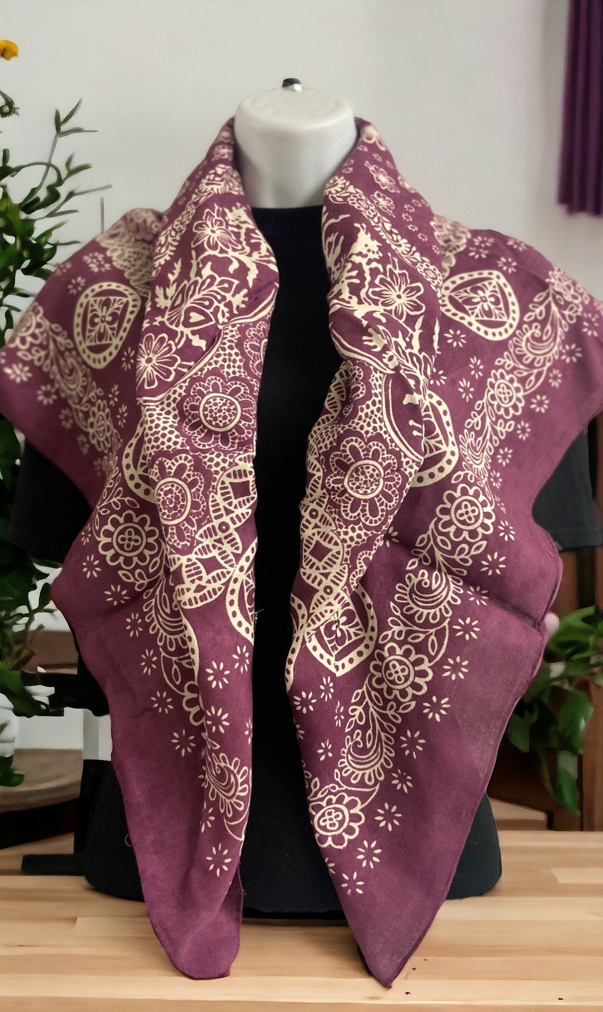 Elegant Handmade Rayon Scarf, Bohemian Purple Paisley Wrap, Artisan Crafted Square, Versatile Fashion Accessory, Stylish Boho Chic Shawl-Osiris Craftworks