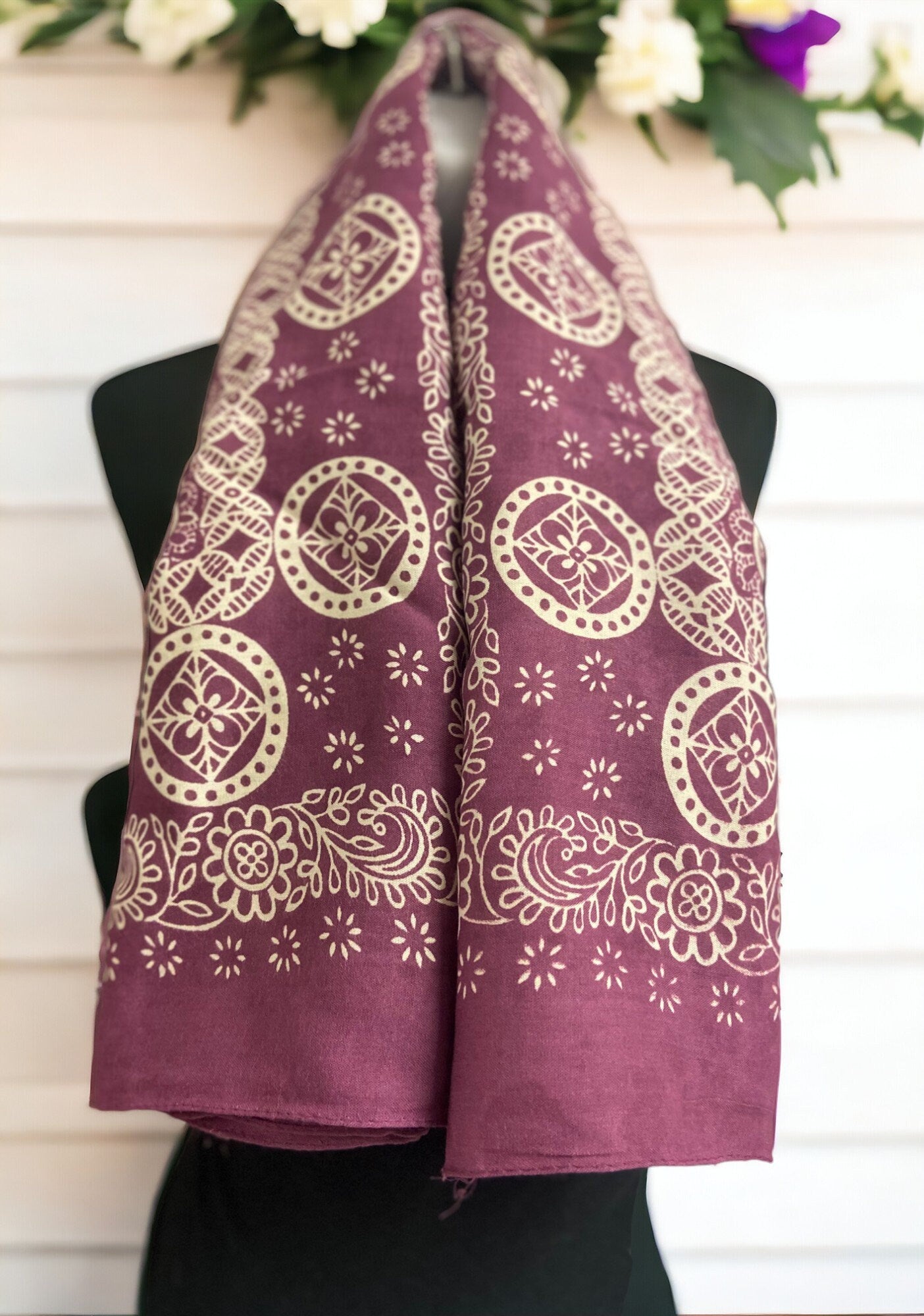 Elegant Handmade Rayon Scarf, Bohemian Purple Paisley Wrap, Artisan Crafted Square, Versatile Fashion Accessory, Stylish Boho Chic Shawl-Osiris Craftworks