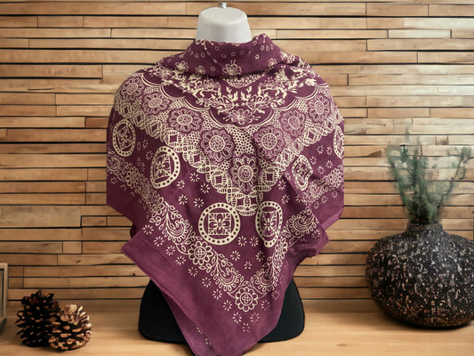 Elegant Handmade Rayon Scarf, Bohemian Purple Paisley Wrap, Artisan Crafted Square, Versatile Fashion Accessory, Stylish Boho Chic Shawl-Osiris Craftworks