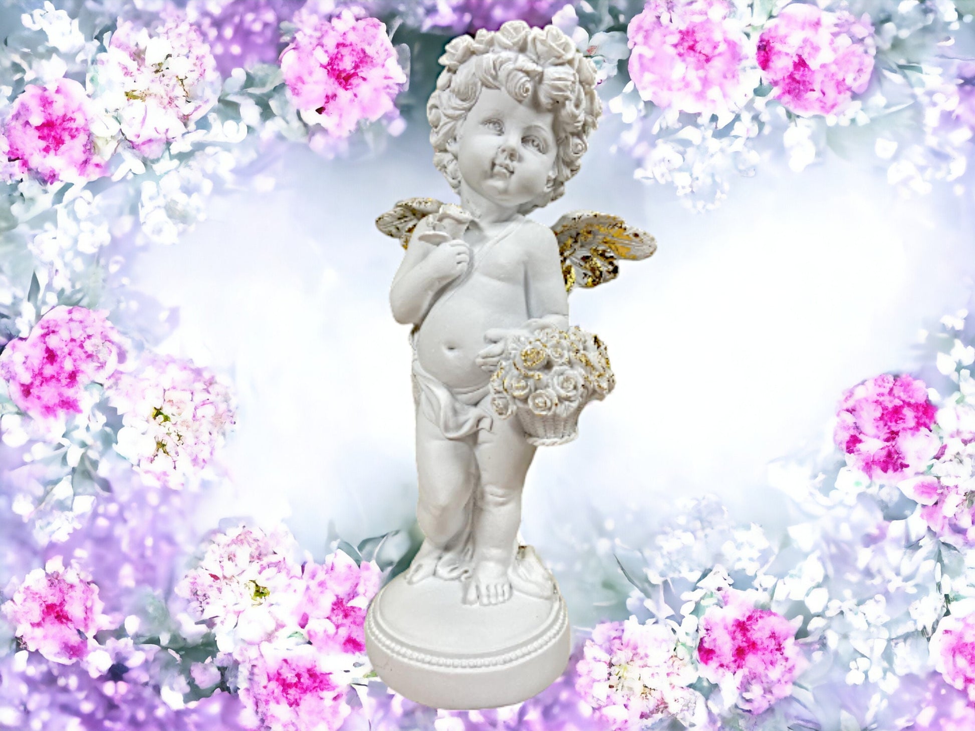 Elegant Cherub with Golden Rose Basket Statue, Artisanal Cherub Sculpture, Heavenly Floral Decor, Angelic Figurine, Unique Handcrafted Gift-Osiris Craftworks