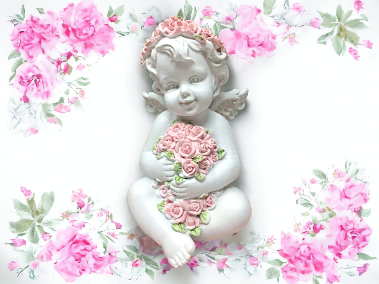 Cherubic Angel Figurine Embracing Pink Roses, Adorable Resin Cherub Statue, Angelic Home Decor, Floral Guardian Sculpture, Heartwarming Gift-Osiris Craftworks