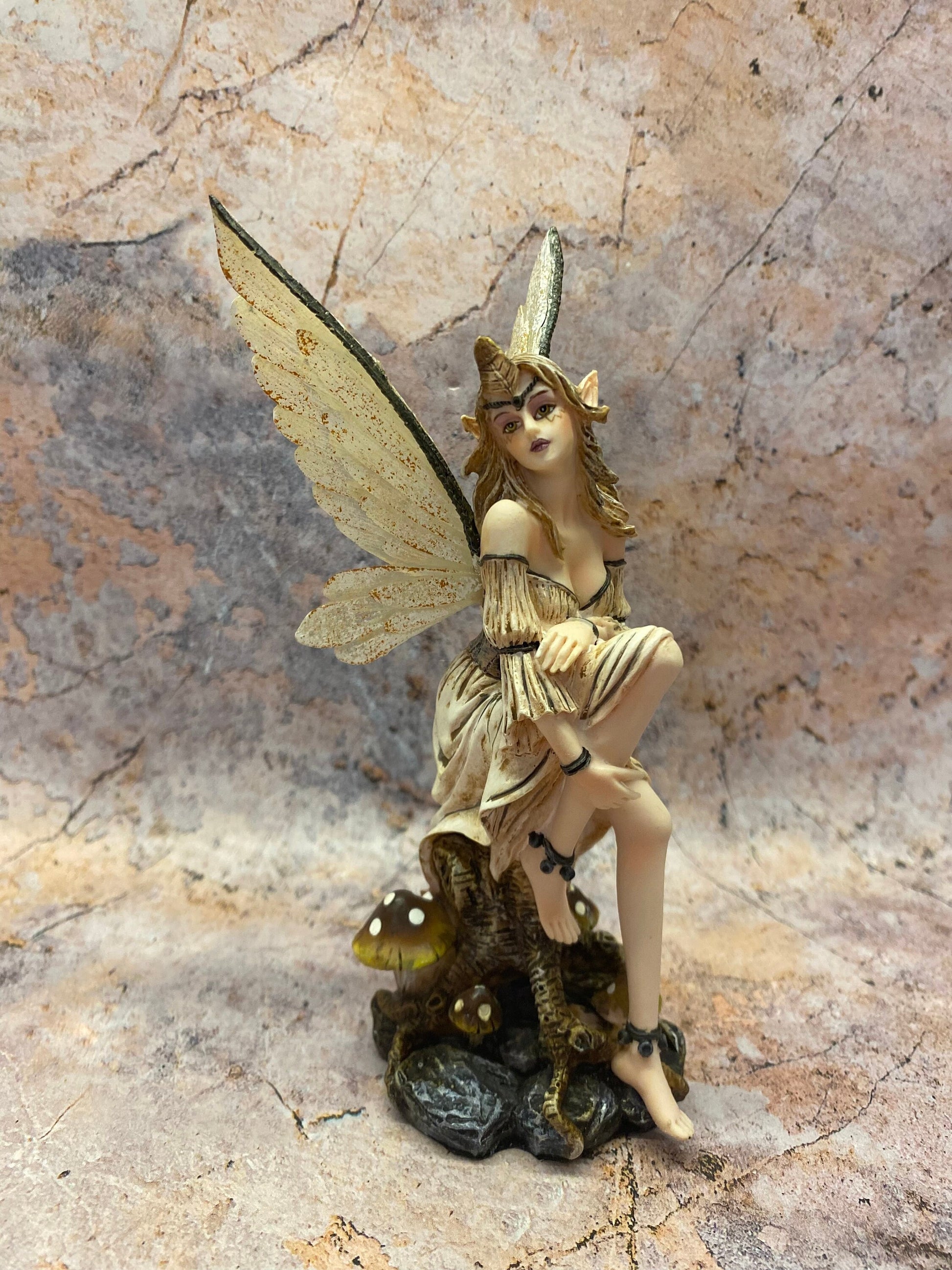 Enchanted Forest Fairy Figurine - Handcrafted Resin Fairy with Rustic Wings, Magical Mushroom Throne Decor, Fantasy Collectible-Osiris Craftworks