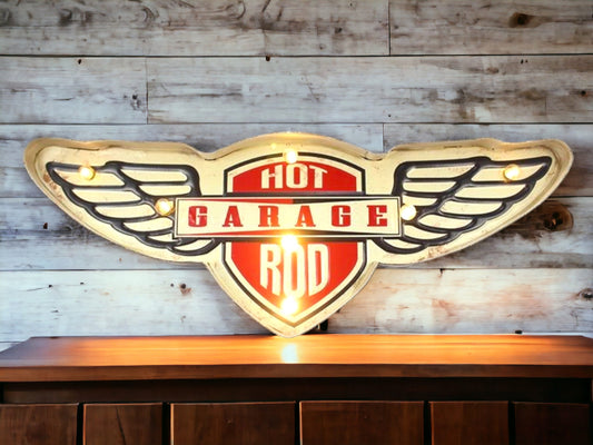 Retro Hot Rod LED Wall Sign - Classic Winged Garage Emblem Light, Vintage Automotive Decor-Osiris Craftworks