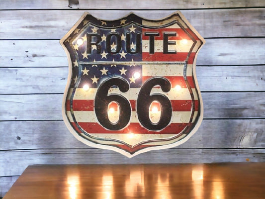 Patriotic Route 66 LED Shield Sign - Americana Highway Emblem Light-Up Wall Decor-Osiris Craftworks