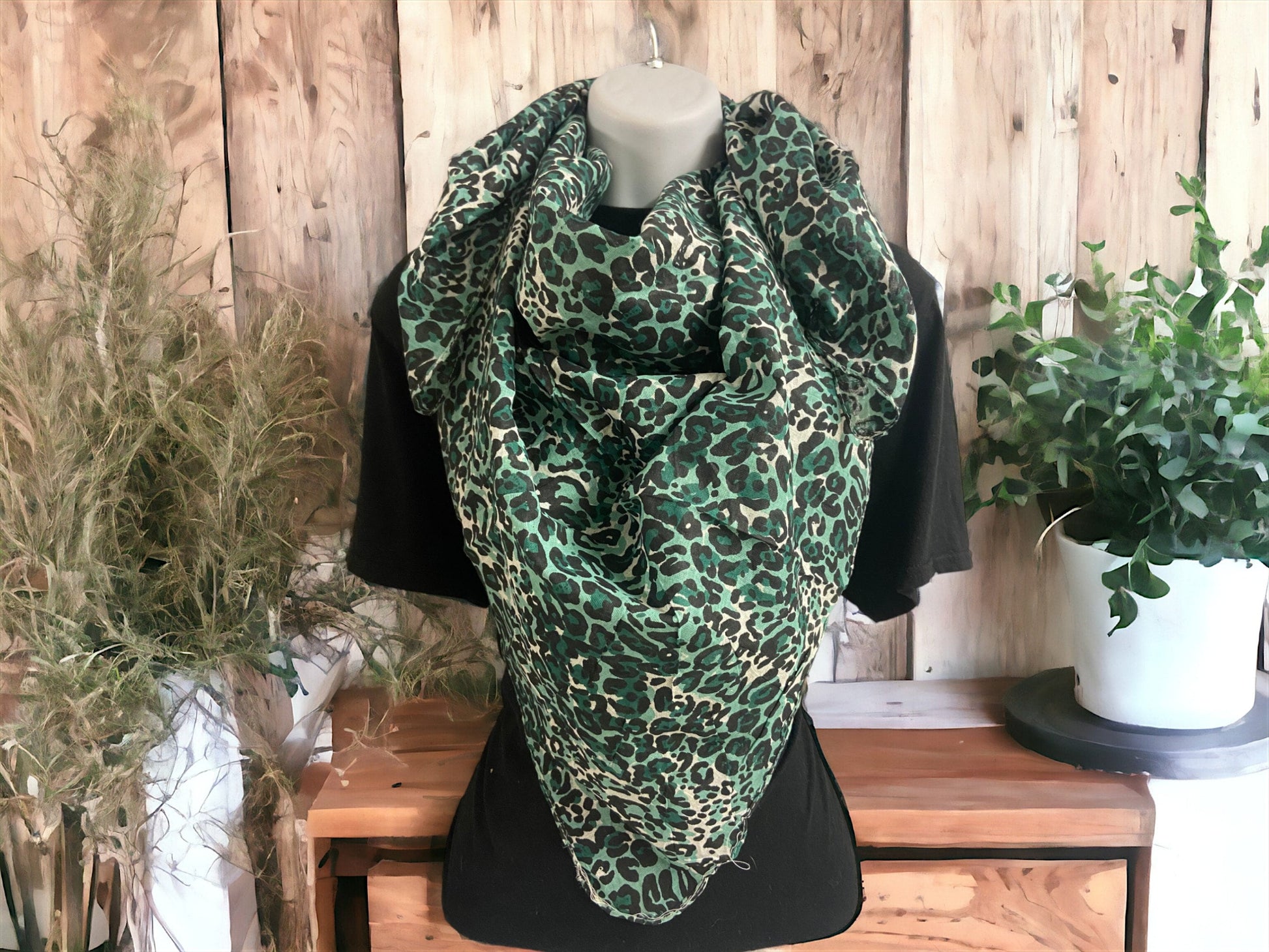 Chic Green Leopard Print Scarf, Trendy Animal Pattern Cotton Wrap, Fashionable Square Scarf, Versatile for All Seasons-Osiris Craftworks