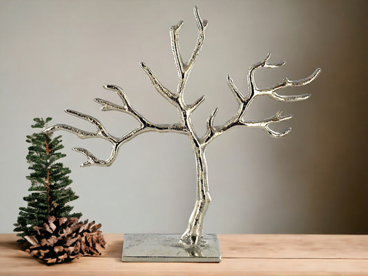 Arbre à bijoux élégant en aluminium argenté, organisateur moderne pour accessoires, support de collier en métal élégant, présentoir chic pour bagues et bracelets