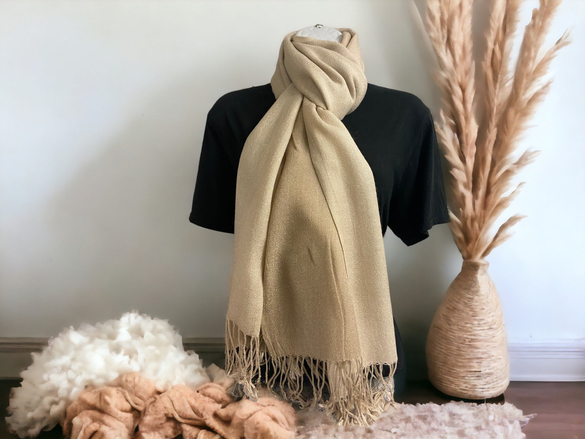 Neutral Beige Acrylic Scarf, Soft Fringed Long Wrap, Classic Solid Colour Shawl, Cosy Fashion Accessory, Versatile and Timeless Scarf-Osiris Craftworks