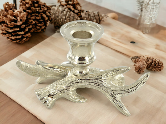 Rustic Silver Antler Candlestick Holder, Aluminium Stag Deer Candle Holder, Elegant Country Home Decor, Unique Metal Table Accent