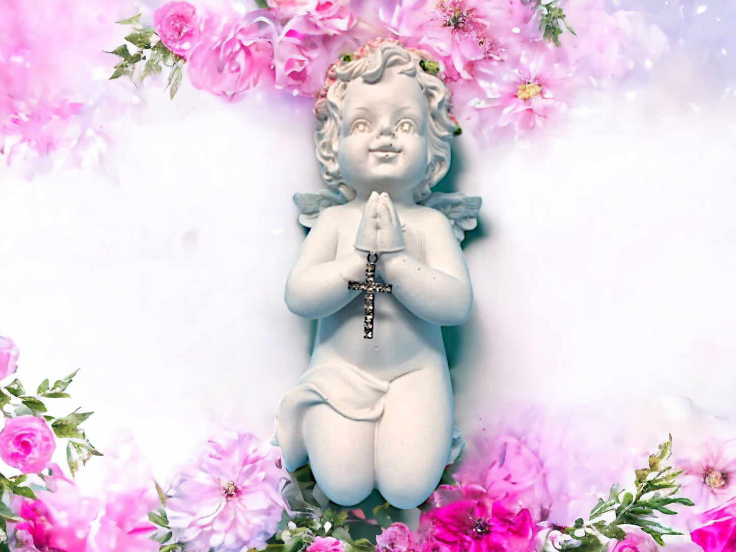 Praying Cherub with Cross Statue, Guardian Angel Figurine, Devotional Ornament, Angelic Sculpture, Inspirational Religious Decor, Serene Art-Osiris Craftworks