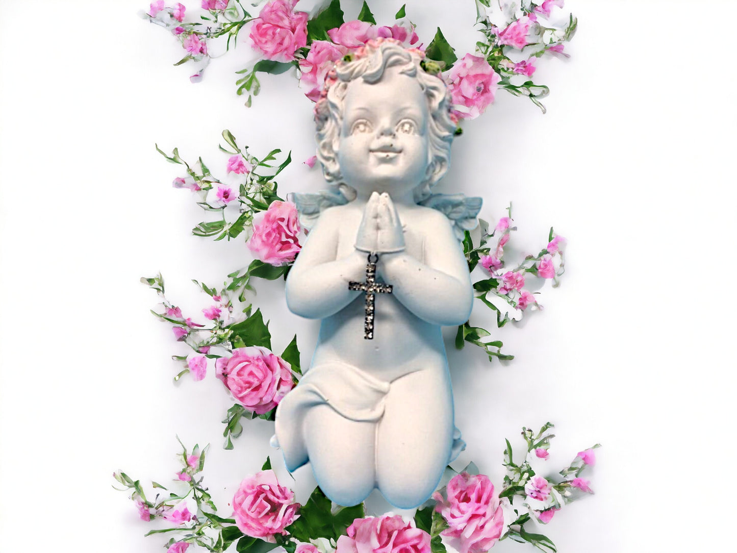 Praying Cherub with Cross Statue, Guardian Angel Figurine, Devotional Ornament, Angelic Sculpture, Inspirational Religious Decor, Serene Art-Osiris Craftworks