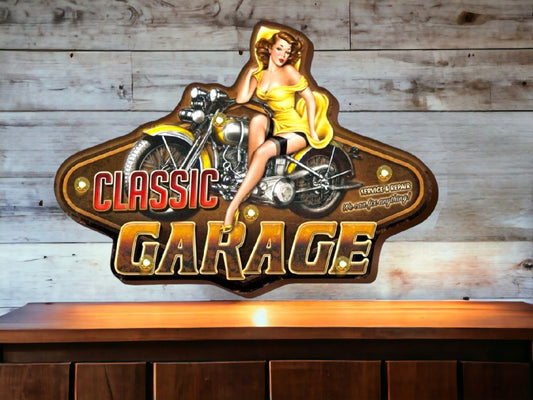 Retro Pin-Up Motorcycle LED Sign - 3D Classic Garage Wall Art with Vintage Flair Man Cave Decor-Osiris Craftworks