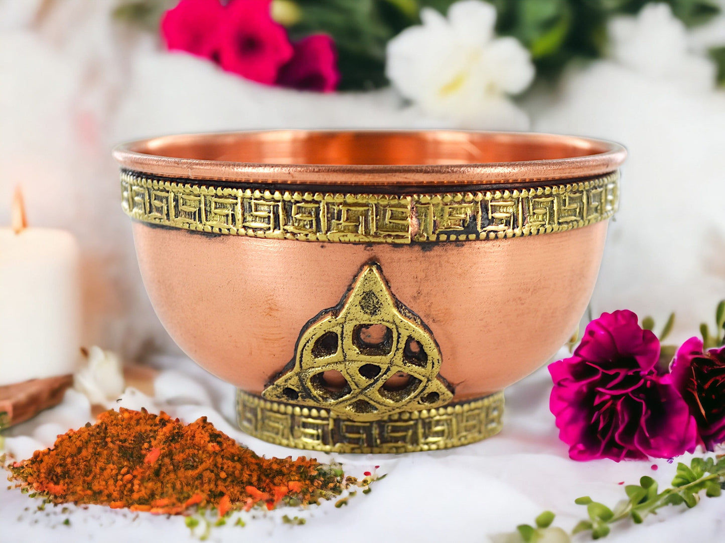 Triquetra-Embellished Copper Bowl - Handcrafted Metal Decorative Bowl, Celtic Symbol Accent, Artisanal Home Decor Piece