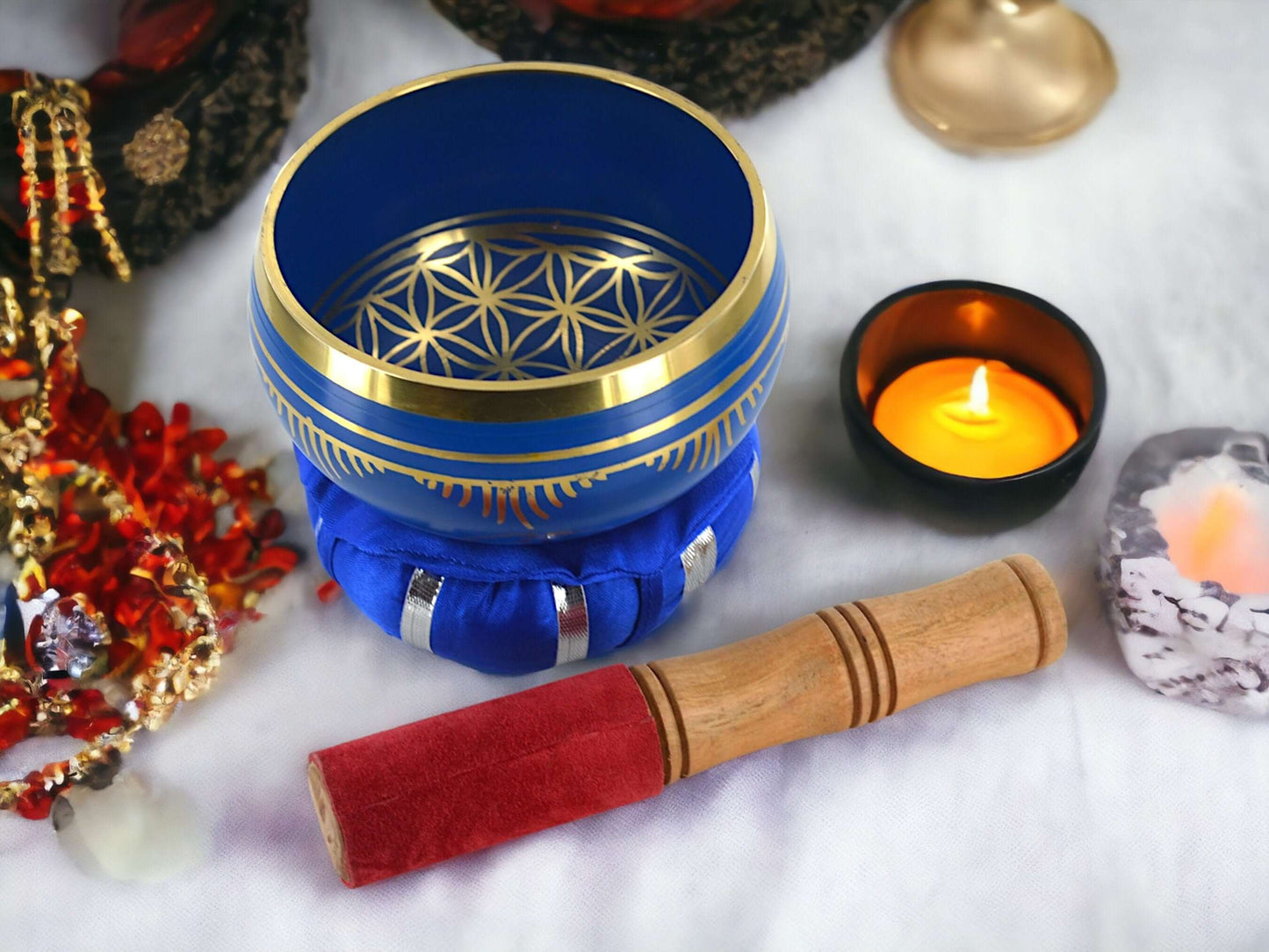 Flower of Life Singing Bowl, Tibetan Sound Healing, Meditation Chakra Balancing, Mindfulness Gift Metal Singing Bowl with Wooden Striker-Osiris Craftworks