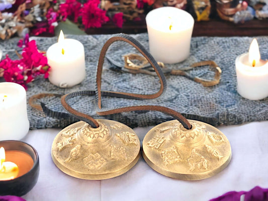 Bronze Tingsha Cymbals with 8 Auspicious Signs, Tibetan Meditation Bells, 6cm Chimes with Leather Strap, Ritual Instrument with Tibetan Box-Osiris Craftworks