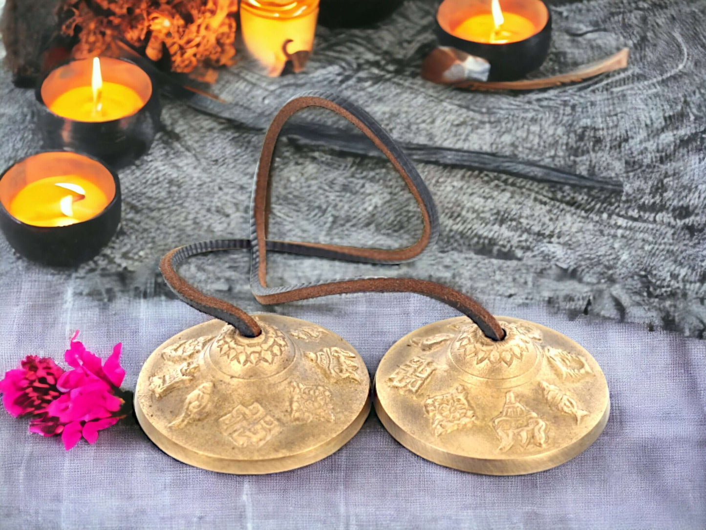 Bronze Tingsha Cymbals with 8 Auspicious Signs, Tibetan Meditation Bells, 6cm Chimes with Leather Strap, Ritual Instrument with Tibetan Box-Osiris Craftworks