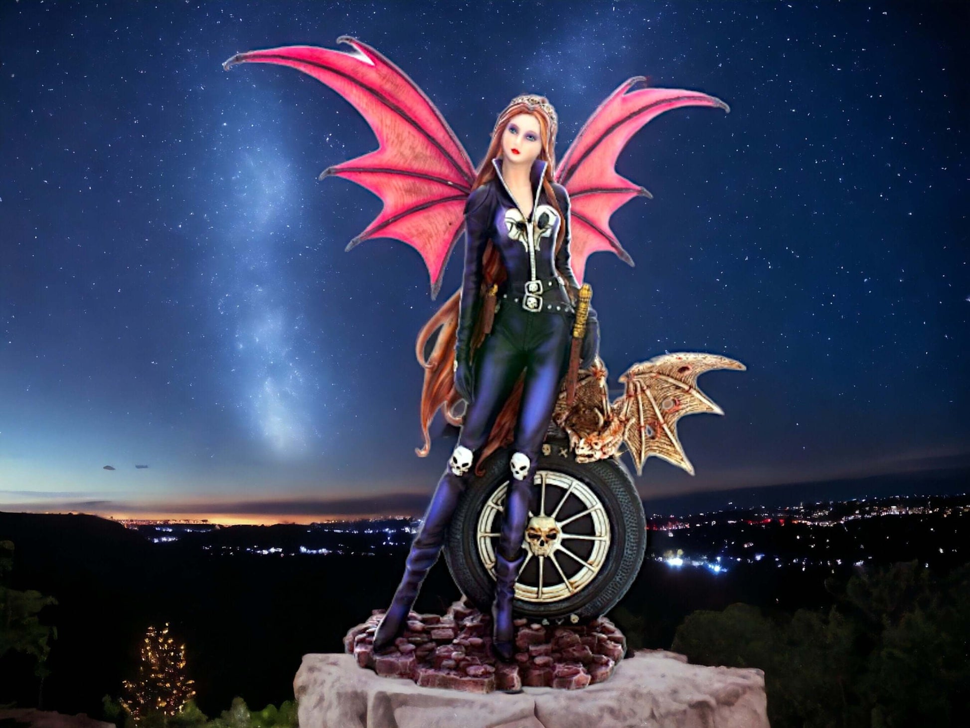 Gothic Biker Fairy Resin Figurine - Dark Fantasy Winged Sculpture, Unique Rocker Style Faerie Decor-Osiris Craftworks