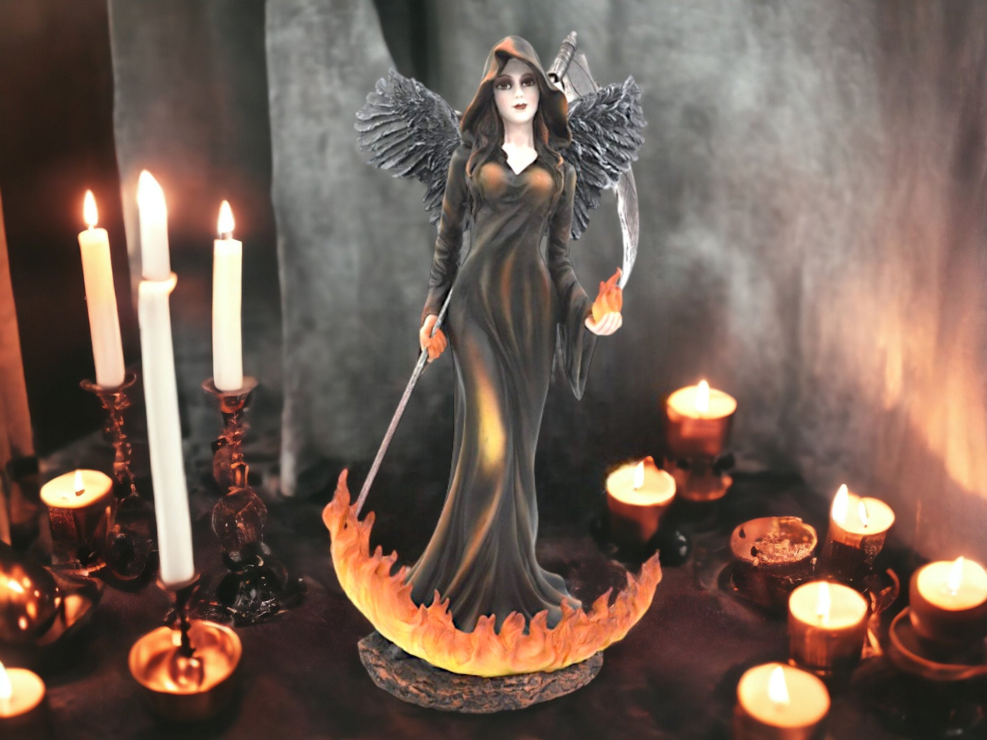 Mystical Fire Angel Statue - Enigmatic Dark Seraph with Scythe and Flames, Resin Crafted, Gothic Home Decor-Osiris Craftworks