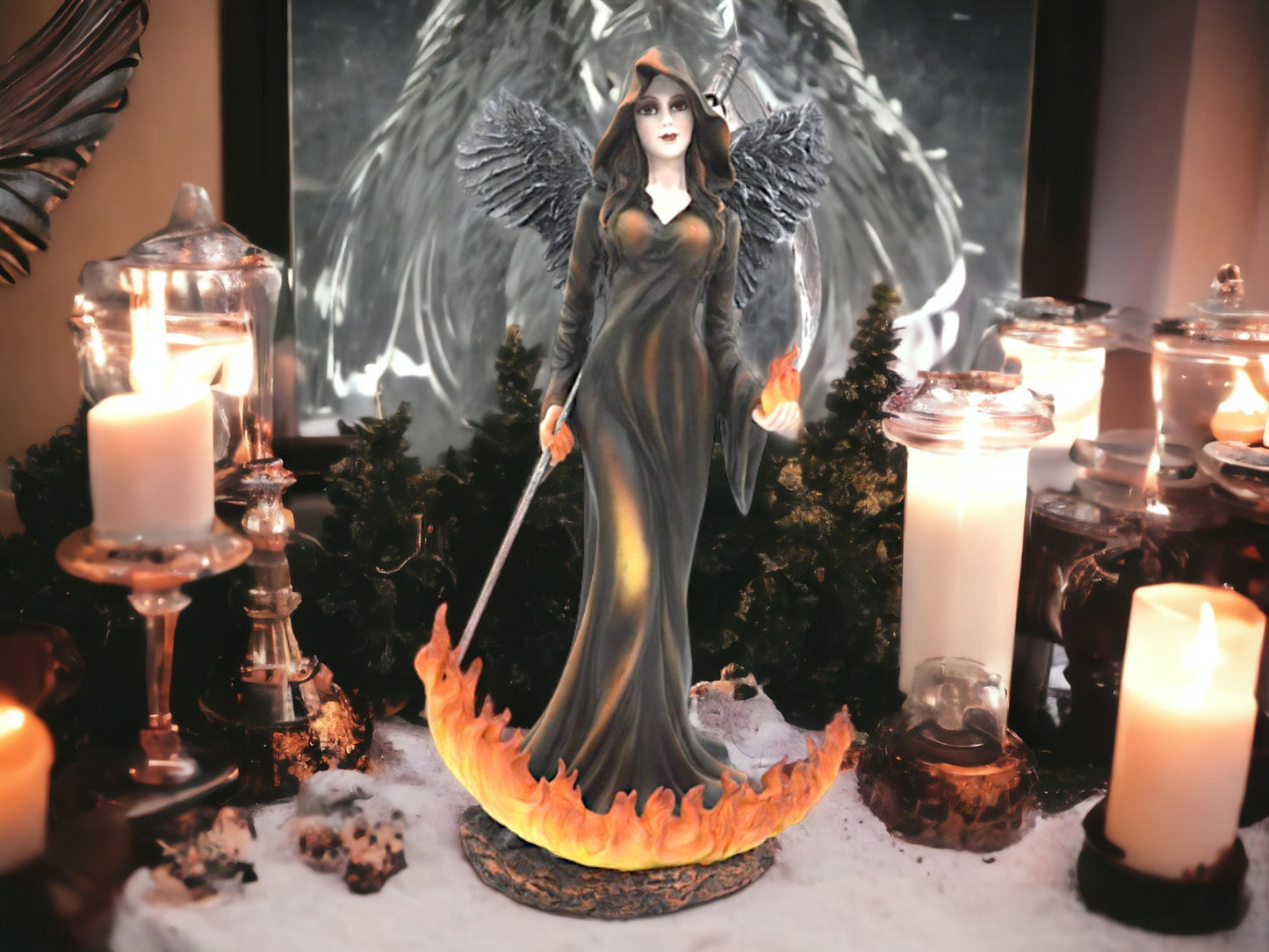 Mystical Fire Angel Statue - Enigmatic Dark Seraph with Scythe and Flames, Resin Crafted, Gothic Home Decor-Osiris Craftworks