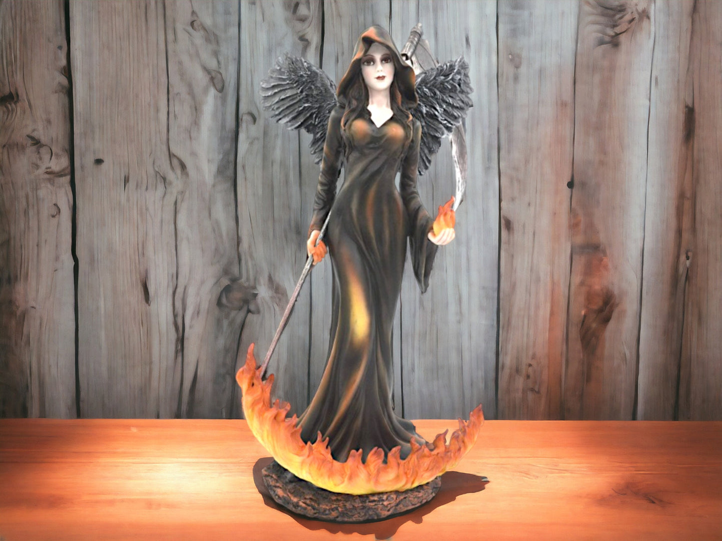 Mystical Fire Angel Statue - Enigmatic Dark Seraph with Scythe and Flames, Resin Crafted, Gothic Home Decor-Osiris Craftworks