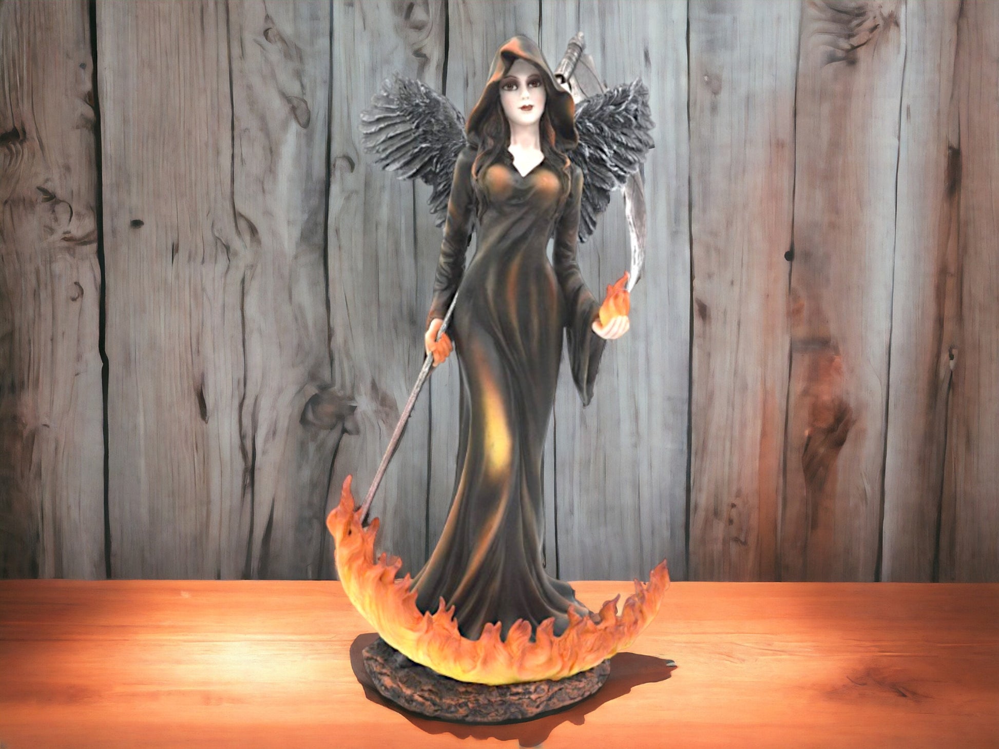 Mystical Fire Angel Statue - Enigmatic Dark Seraph with Scythe and Flames, Resin Crafted, Gothic Home Decor-Osiris Craftworks