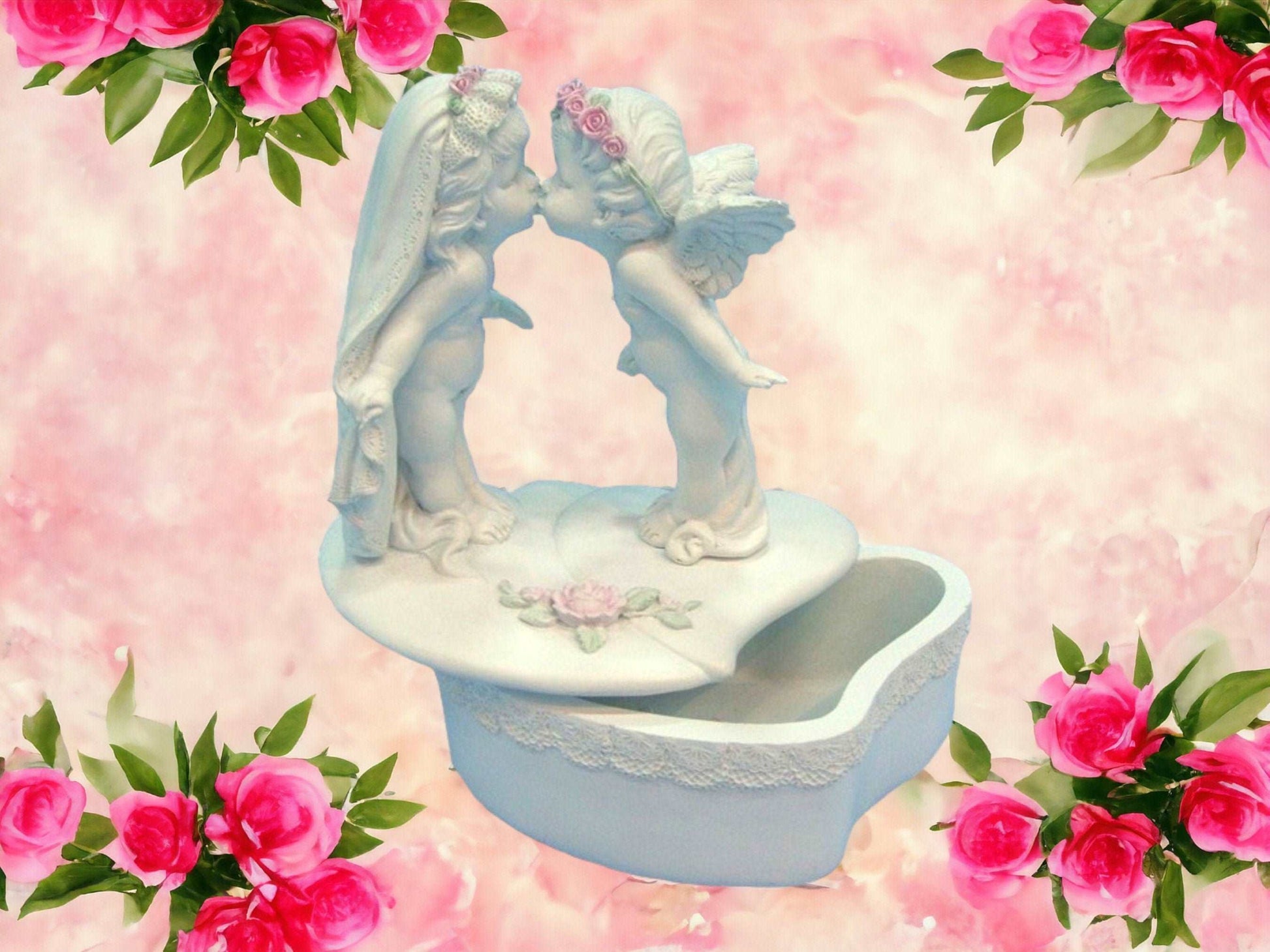 Angelic Kiss Trinket Box - Cherub Figurines on Heart-Shaped Keepsake Box, Romantic Decorative Storage, Resin Crafted-Osiris Craftworks