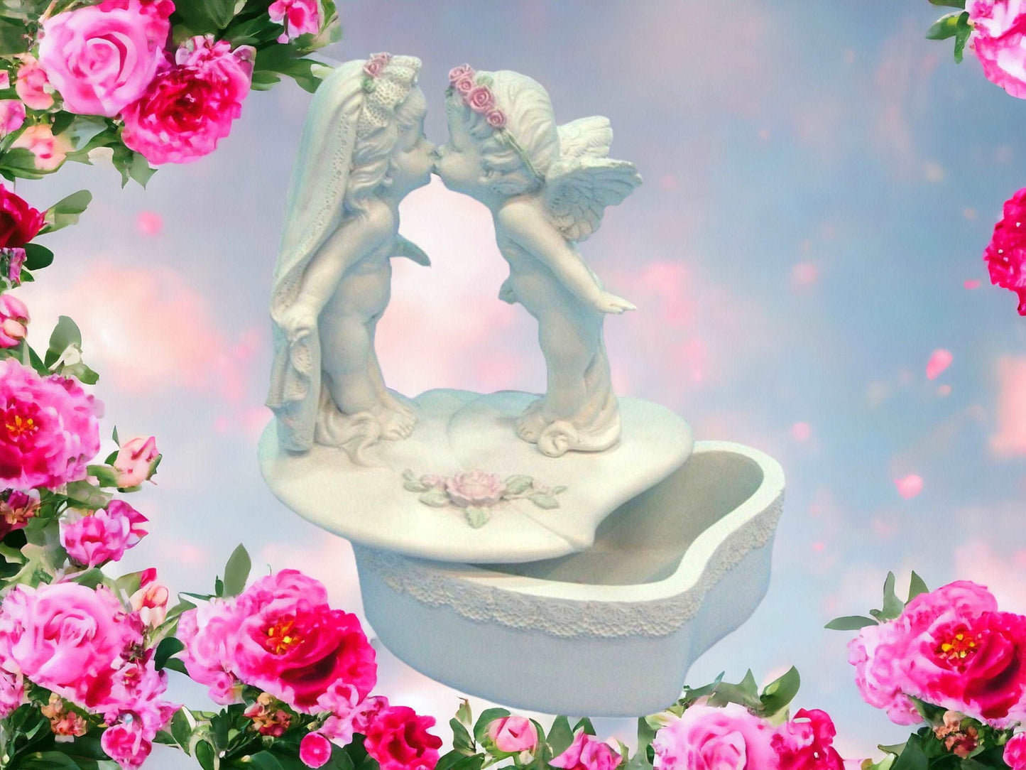 Angelic Kiss Trinket Box - Cherub Figurines on Heart-Shaped Keepsake Box, Romantic Decorative Storage, Resin Crafted-Osiris Craftworks