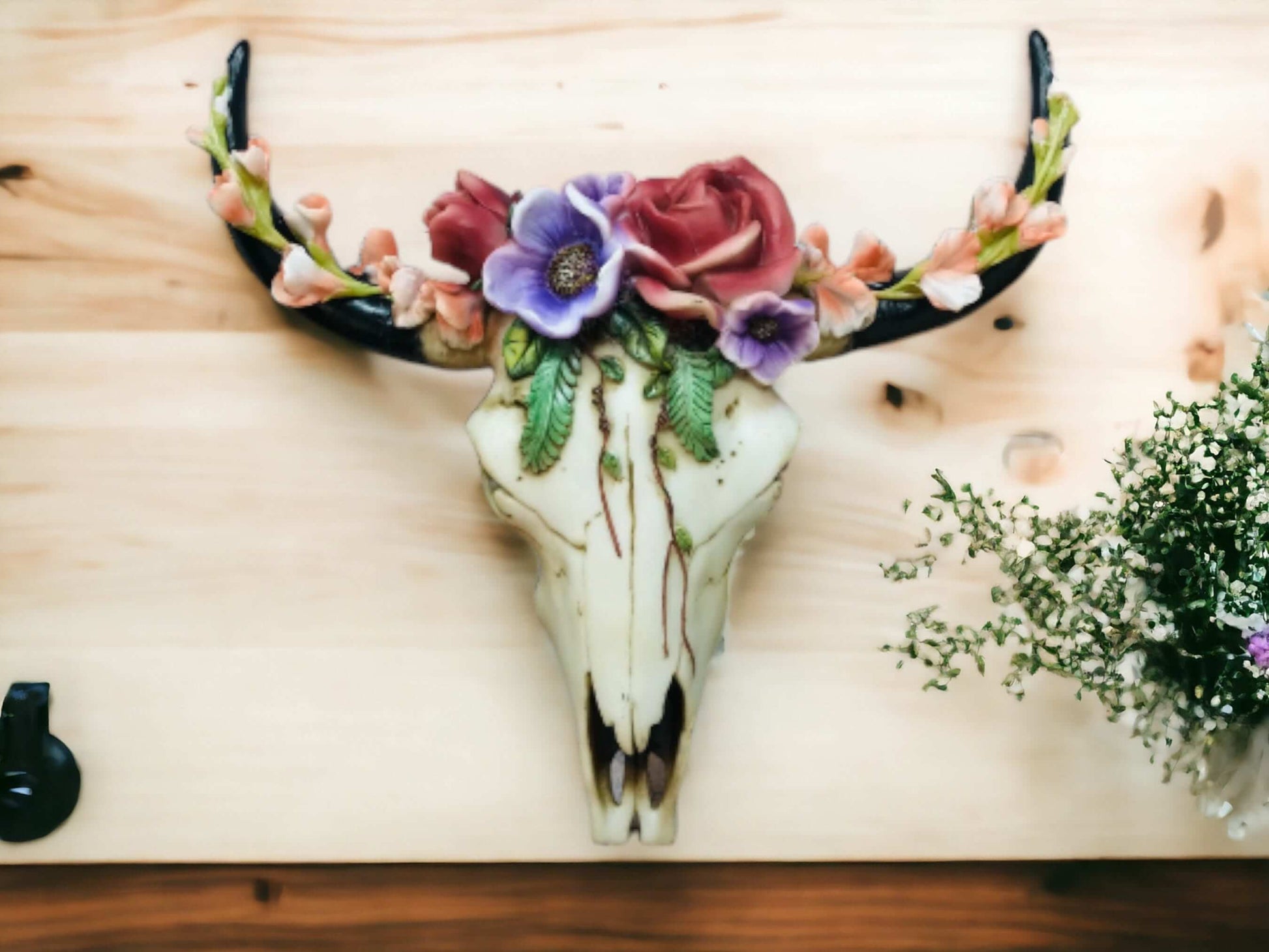 Floral Cow Skull Wall Decor | Cold Cast Resin | Bohemian Wall Art | Rustic Flower Crown Skull | Unique Home Accent | Boho Chic Gift-Osiris Craftworks