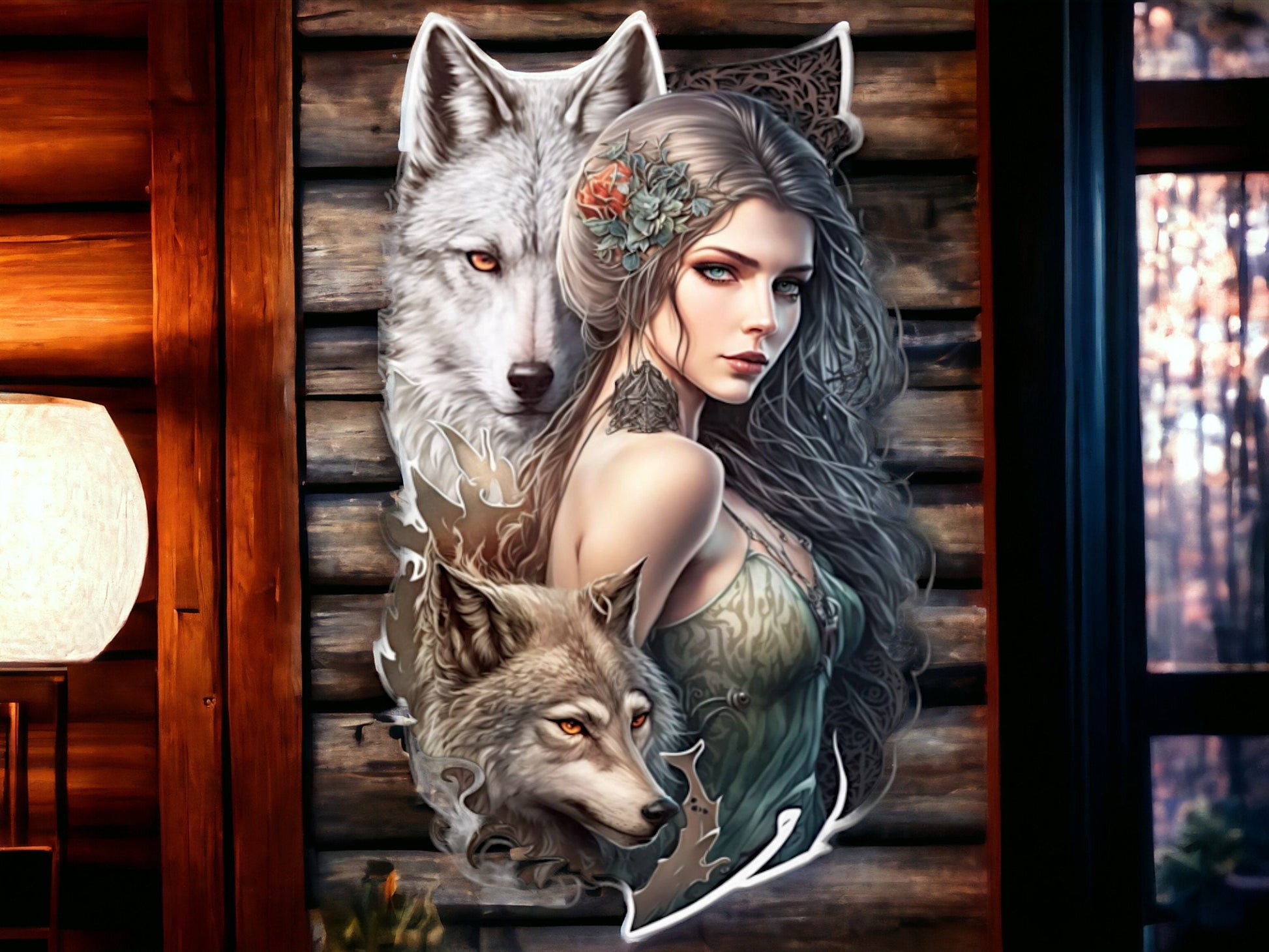 Mystical Wolf and Maiden Metal Wall Sign - Enchanting Forest-Themed Art, Perfect for Home Decor and Fantasy Enthusiasts-Osiris Craftworks