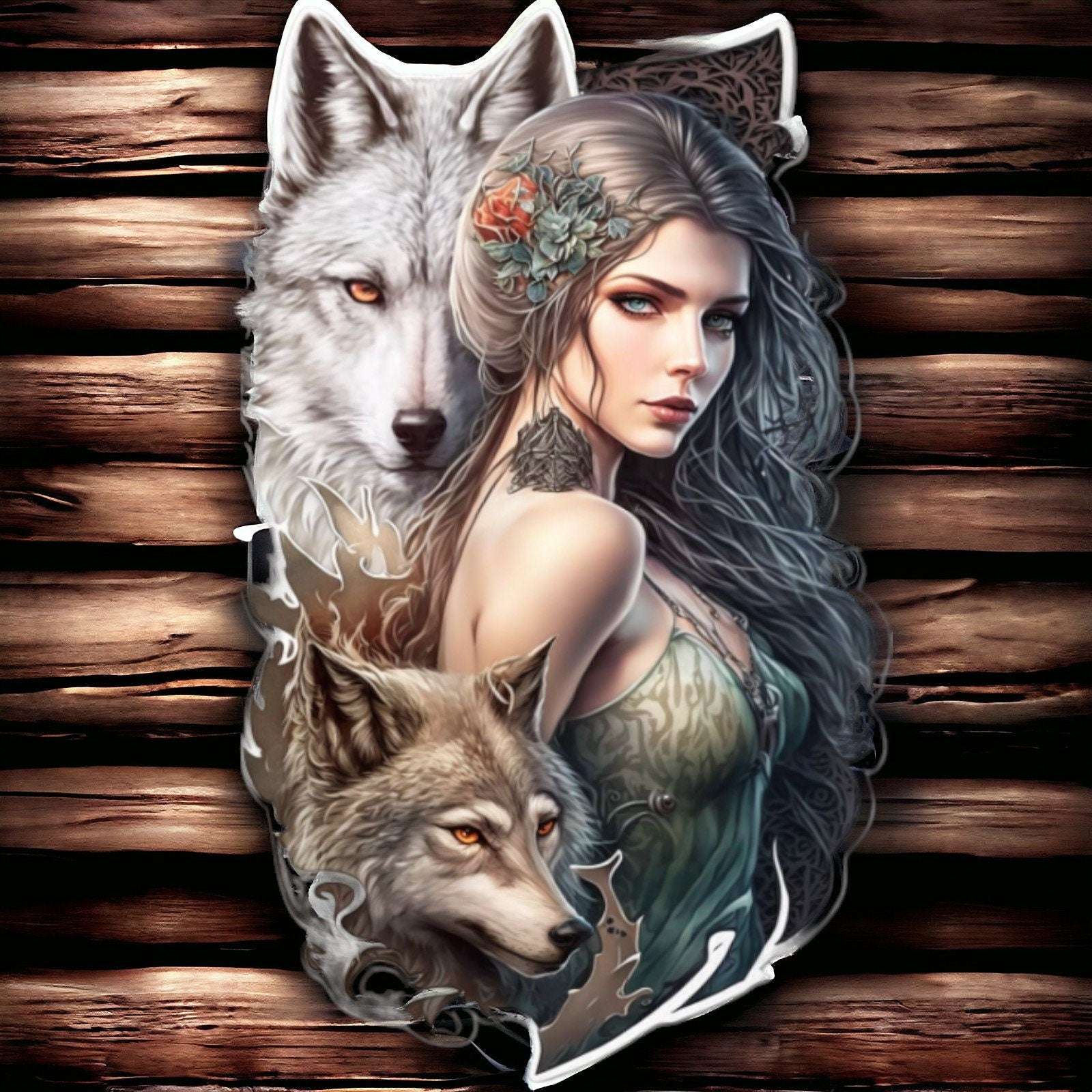 Mystical Wolf and Maiden Metal Wall Sign - Enchanting Forest-Themed Art, Perfect for Home Decor and Fantasy Enthusiasts-Osiris Craftworks