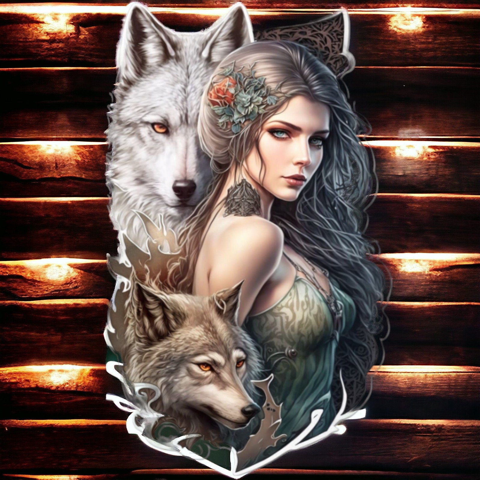 Mystical Wolf and Maiden Metal Wall Sign - Enchanting Forest-Themed Art, Perfect for Home Decor and Fantasy Enthusiasts-Osiris Craftworks