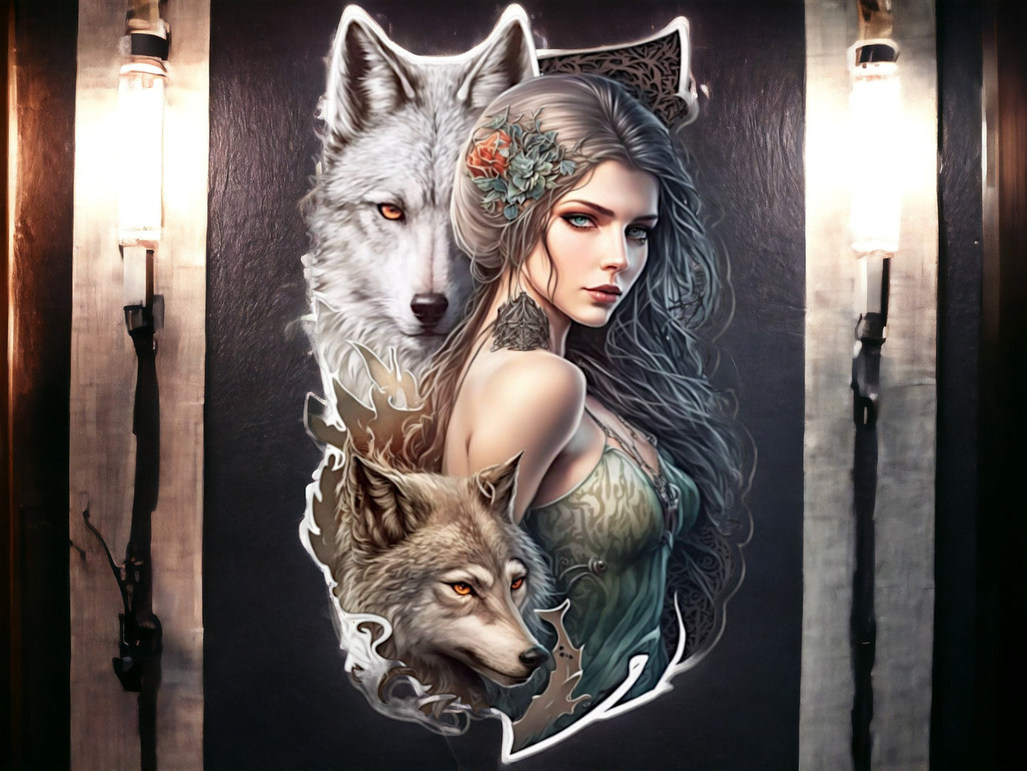 Mystical Wolf and Maiden Metal Wall Sign - Enchanting Forest-Themed Art, Perfect for Home Decor and Fantasy Enthusiasts-Osiris Craftworks