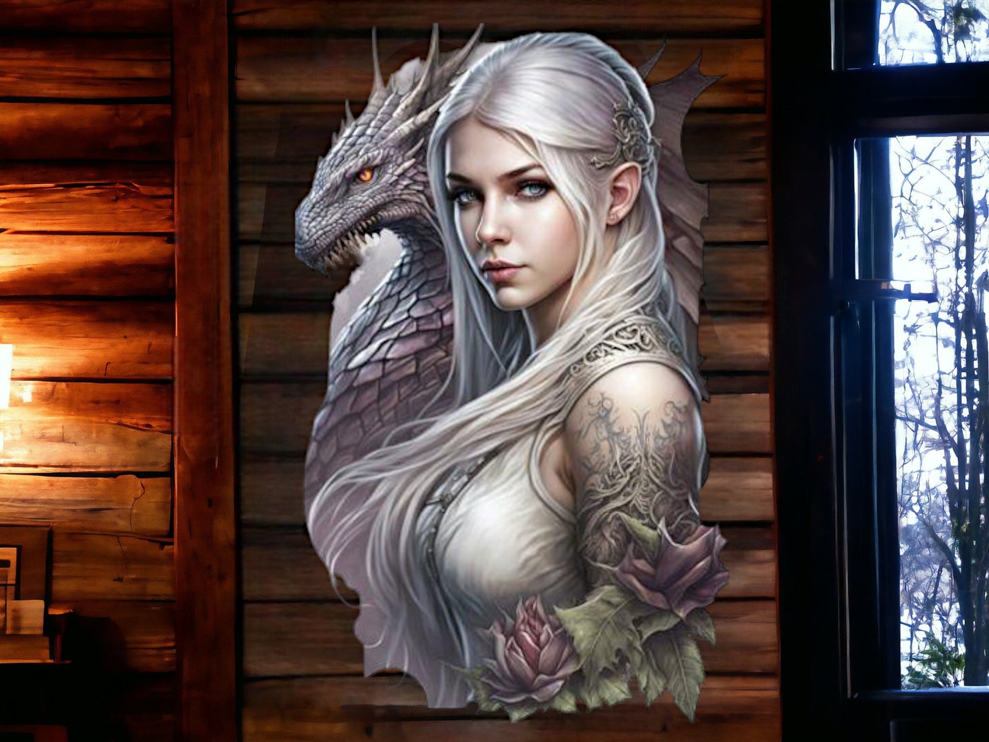 Enigmatic Dragon Guardian and Elven Princess Metal Wall Sign - Mystical Fantasy Art, Enthralling Decor for Home and Collectors-Osiris Craftworks