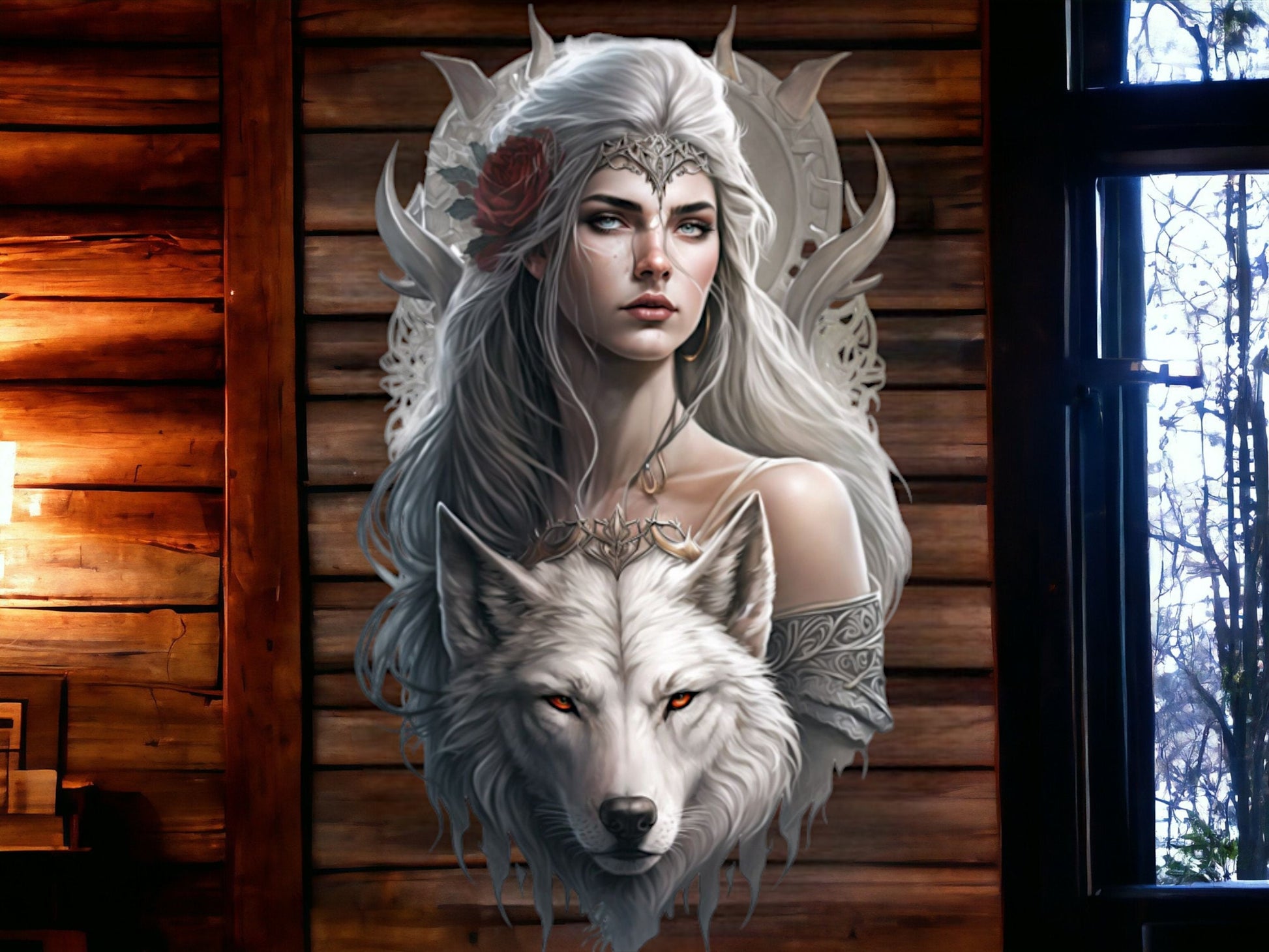 Enigmatic Wolf Queen Metal Wall Sign - Mystical White Wolf and Warrior Maiden Art, Ethereal Fantasy Home Decor-Osiris Craftworks