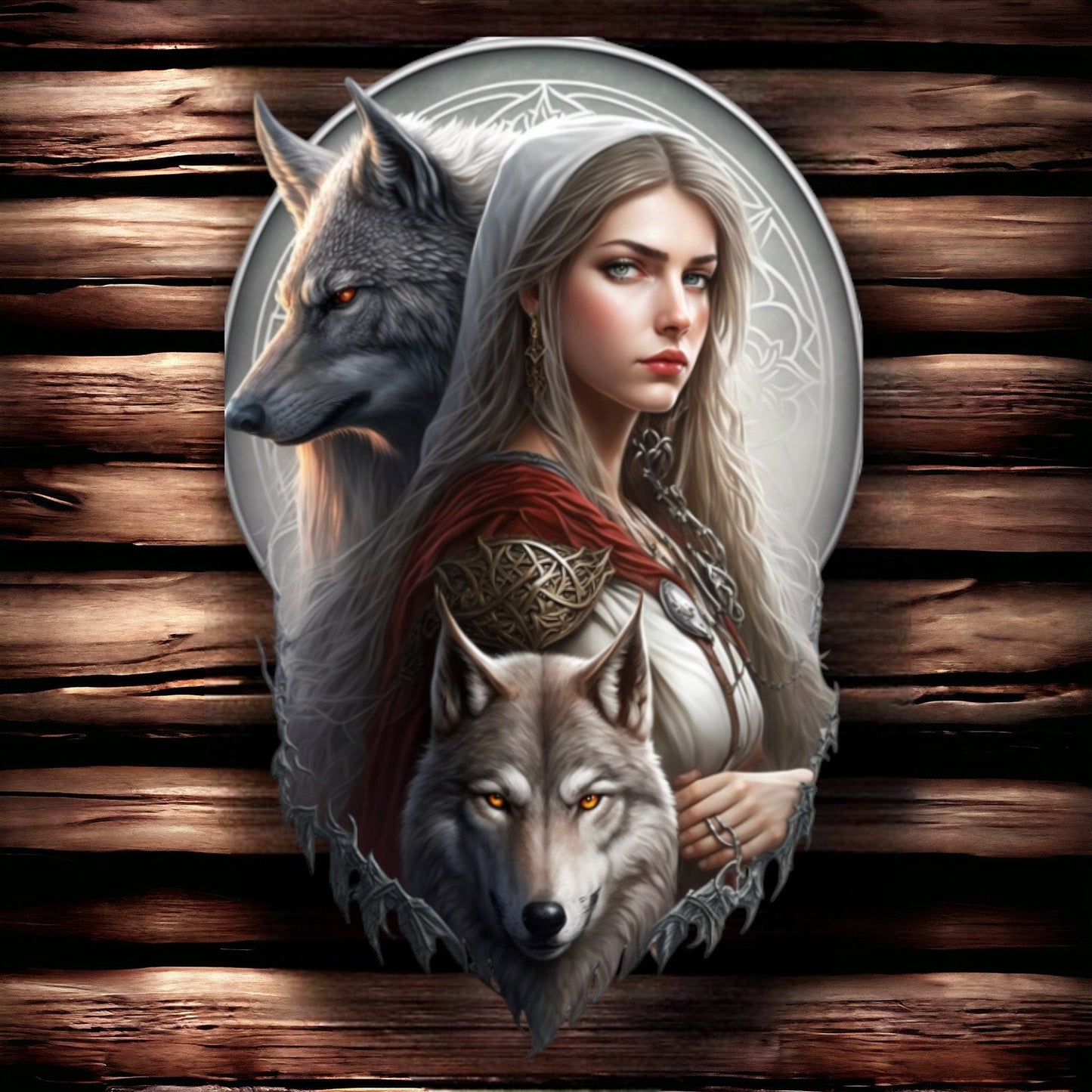 Majestic Northern Protector Metal Wall Sign - Noble Wolf and Warrior Princess Art, Legendary Fantasy Wall Decor for Enthusiasts-Osiris Craftworks