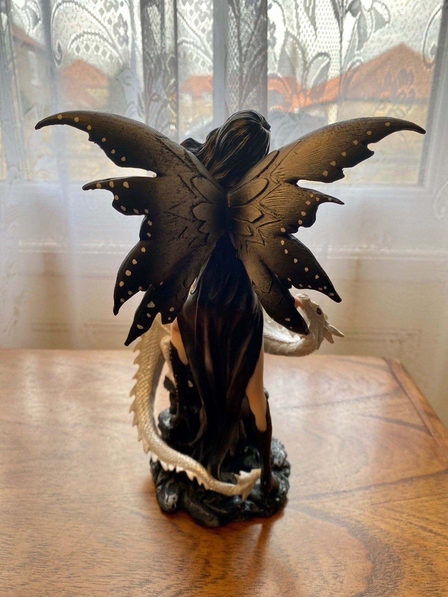 Resin Fairy with Dragon Statue | Enigmatic Gothic Fantasy Sculpture Black and White Winged Fairy Art | Collector's Dragon Figurine-Osiris Craftworks