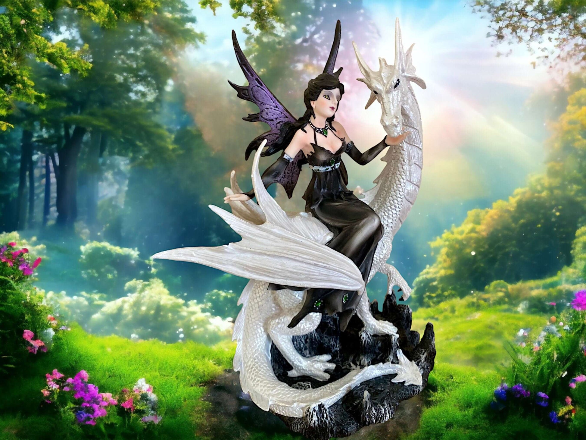 Enchantress & Dragon Figurine - Mystical Gothic Fairy with White Dragon Statue | Fantasy Resin Art | Collector's Magic Decor Piece-Osiris Craftworks