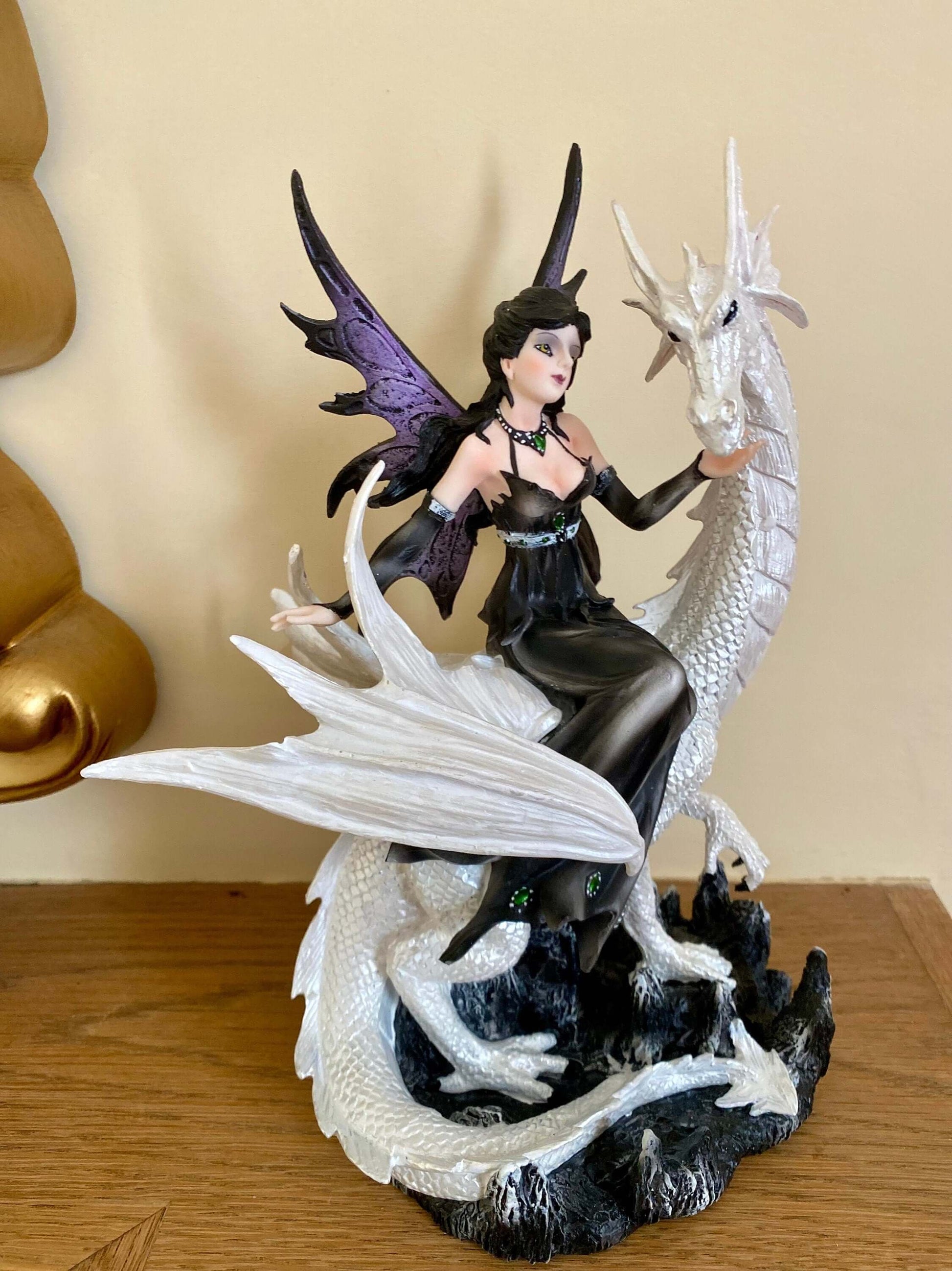 Enchantress & Dragon Figurine - Mystical Gothic Fairy with White Dragon Statue | Fantasy Resin Art | Collector's Magic Decor Piece-Osiris Craftworks