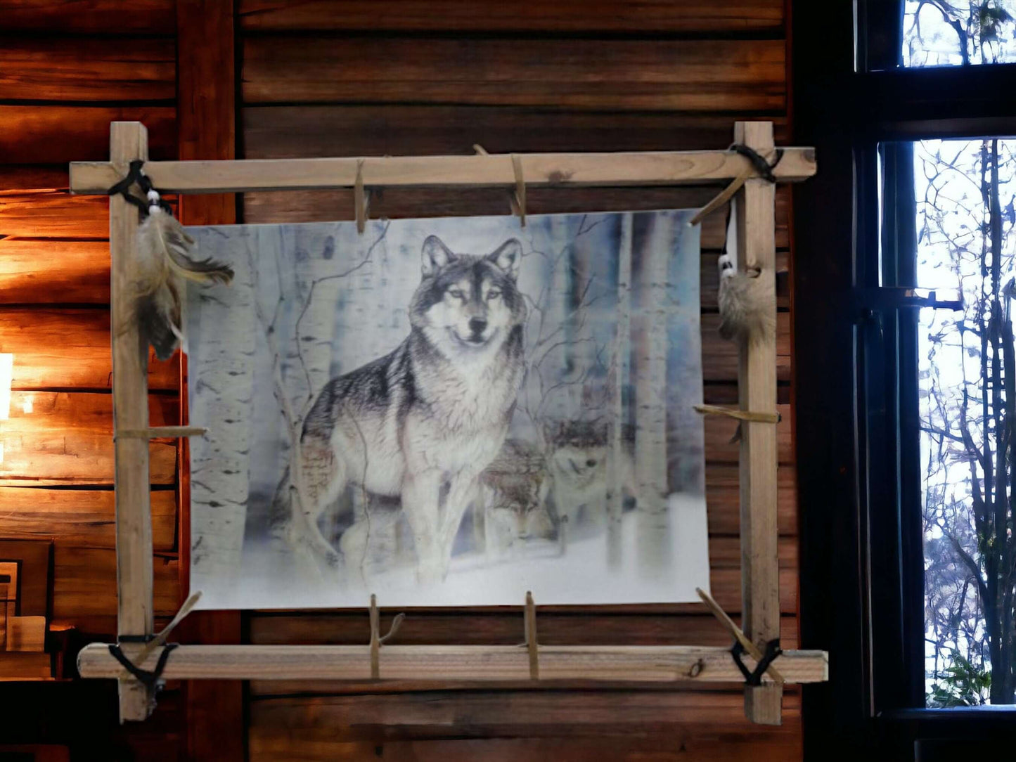 Rustic Timber Wolf Canvas Art with Beads and Feathers - Handcrafted Wood Frame Wall Decor, Nature-Inspired Wildlife Print, Native American