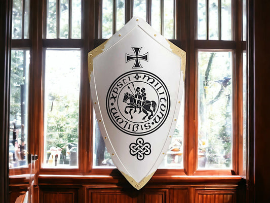 Knight Templar Metal Shield Wall Decor - Handcrafted Medieval Crusader Symbol, Artisan Painted Collectible, Historical Inspired Art, 70x39cm-Osiris Craftworks