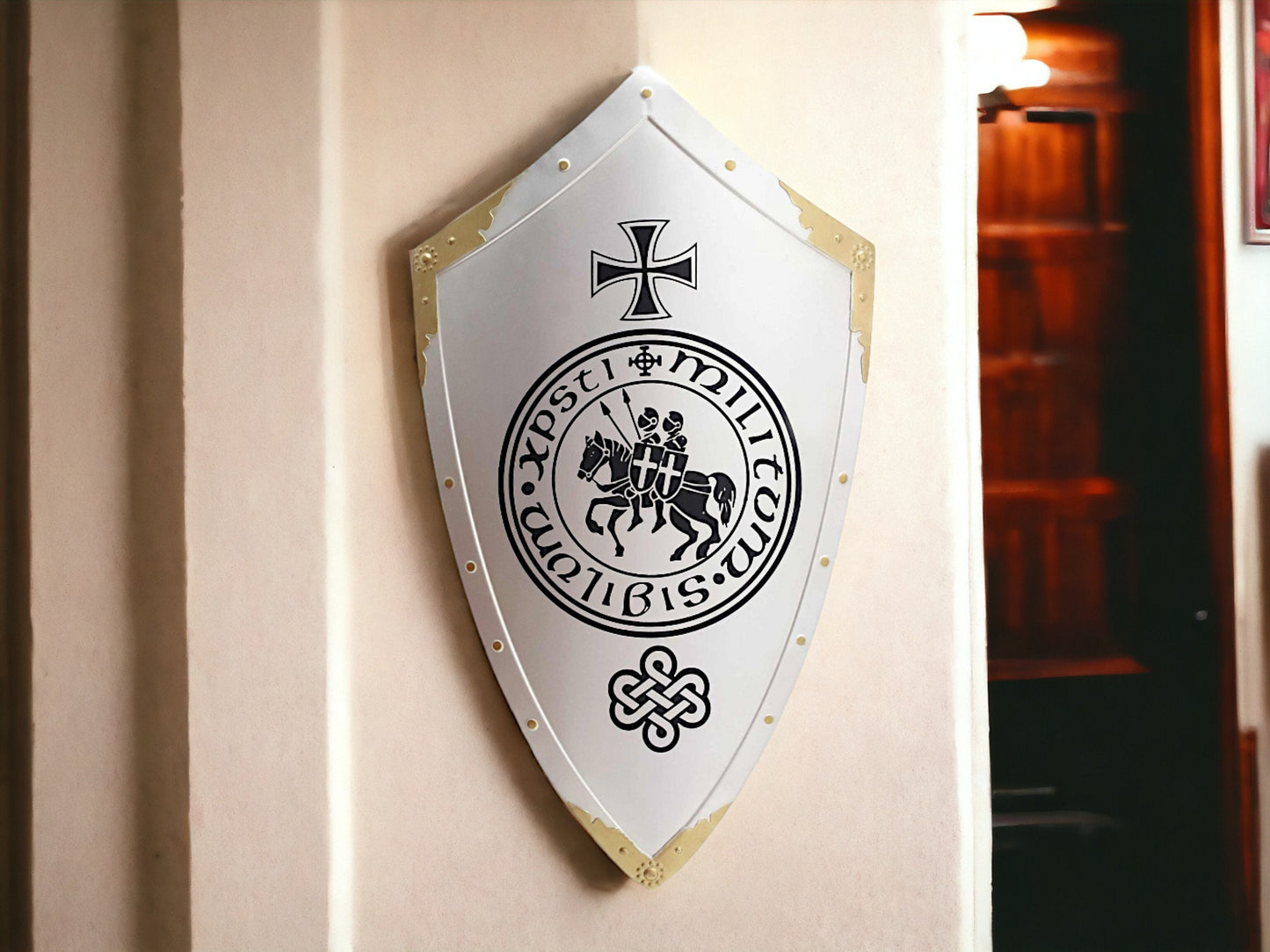 Knight Templar Metal Shield Wall Decor - Handcrafted Medieval Crusader Symbol, Artisan Painted Collectible, Historical Inspired Art, 70x39cm-Osiris Craftworks