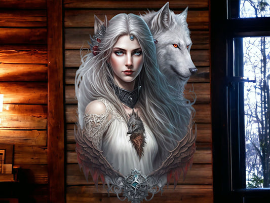 Winterwolf Sovereign Metal Wall Sign - Ethereal Ice Queen & Wolf Companion Art, Silver Northern Mythology Home Decor-Osiris Craftworks