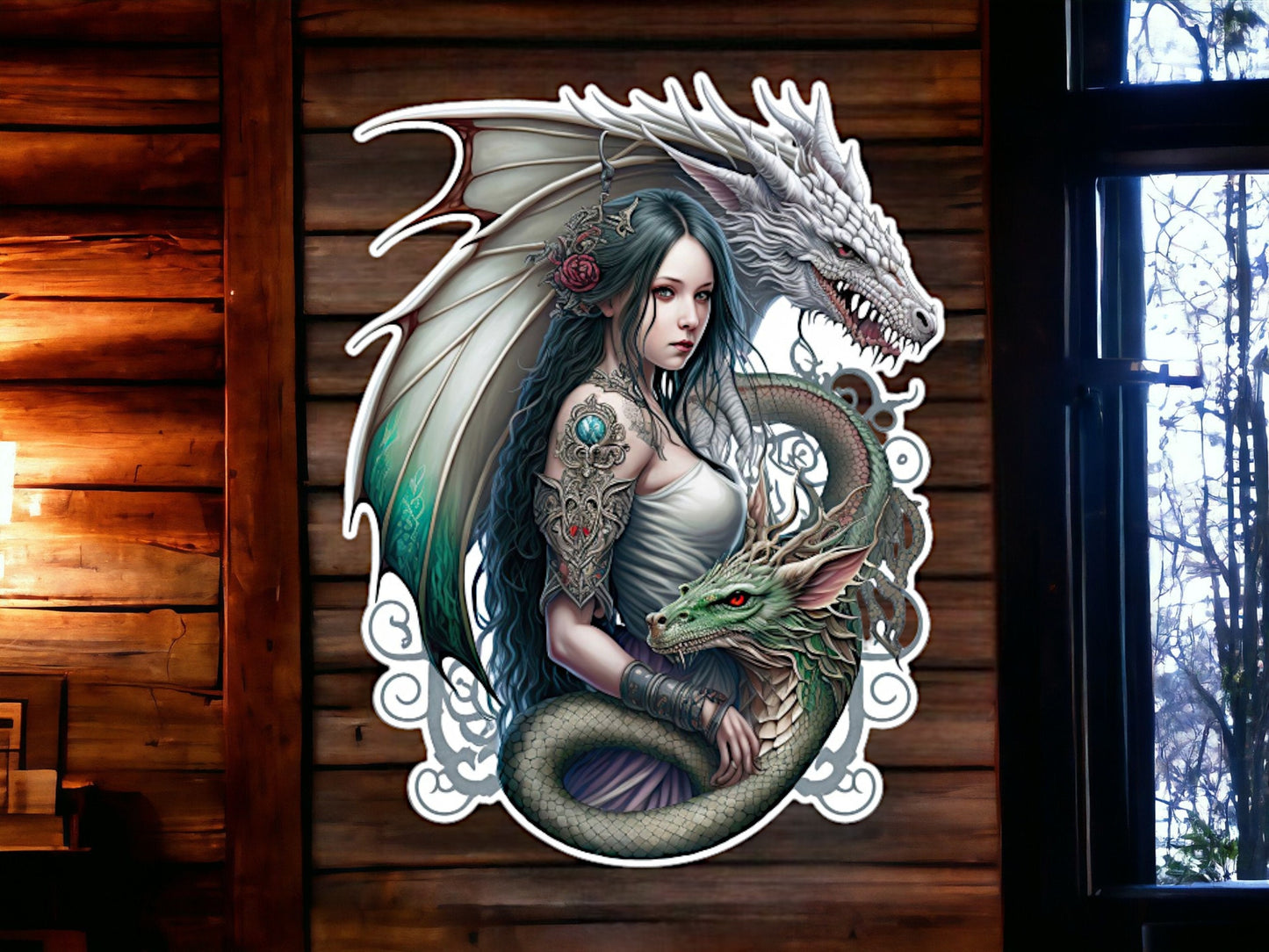 Mystical Maiden and Dragon Companions Metal Sign Wall Art – Enchanted Fantasy-Inspired Decor for Home or Office-Osiris Craftworks