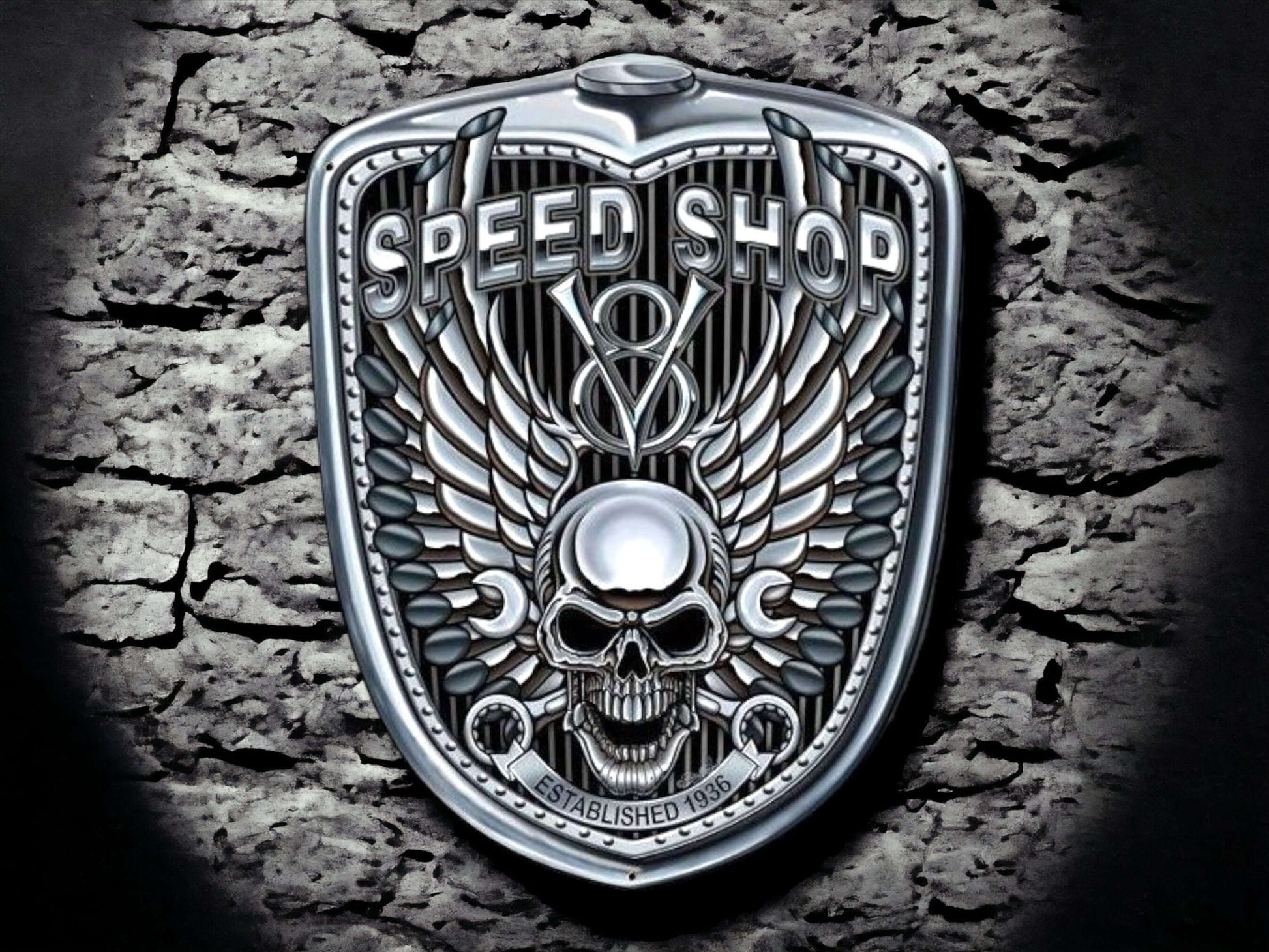 Biker's Emblem Metal Wall Sign - Speed Shop Skull & Wings, Motorcycle Garage Decor Plaque-Osiris Craftworks