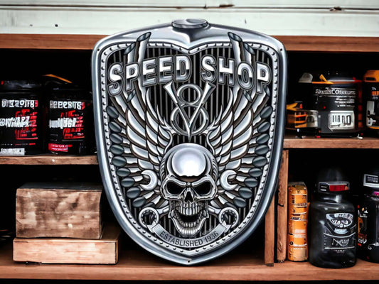 Biker's Emblem Metal Wall Sign - Speed Shop Skull & Wings, Motorcycle Garage Decor Plaque-Osiris Craftworks